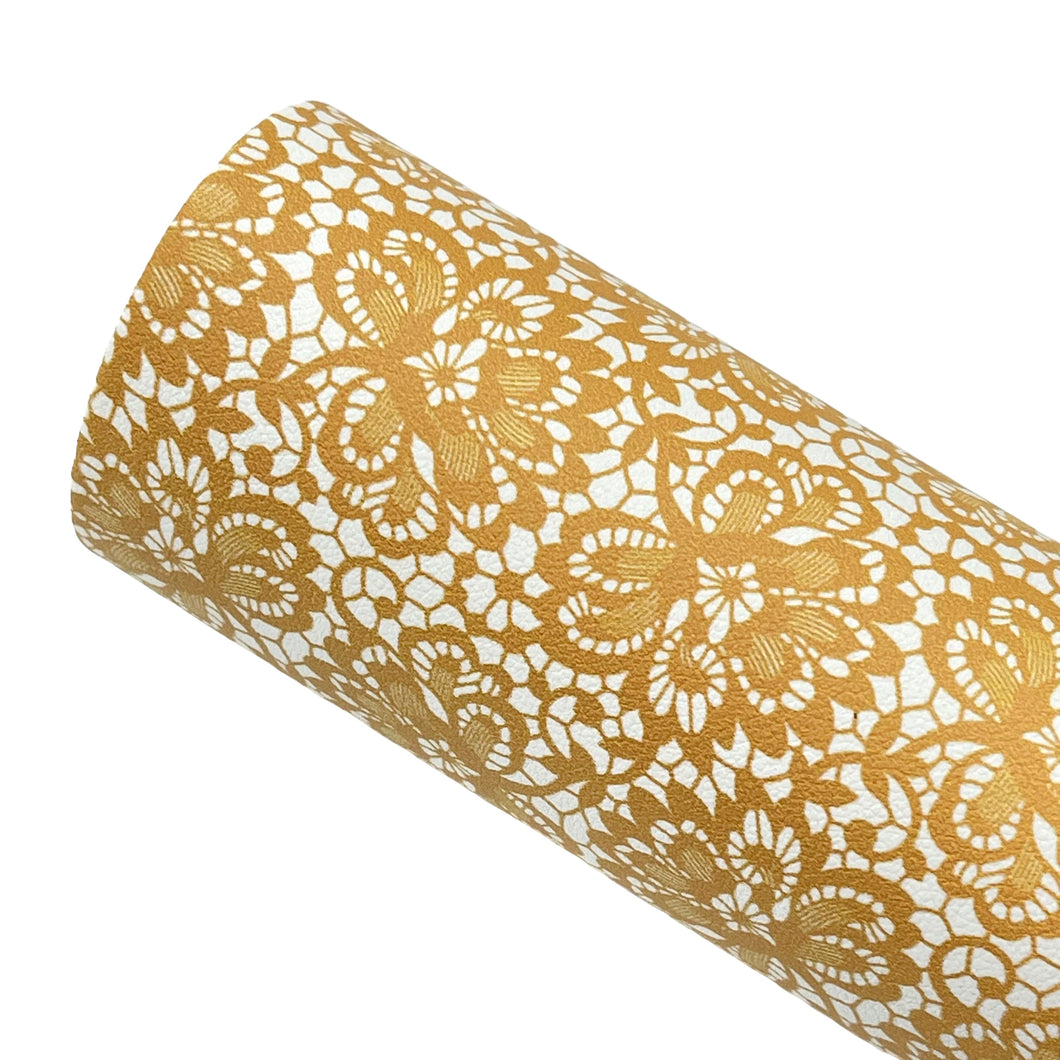 MUSTARD LOVELY LACE - Custom Printed Smooth Faux Leather