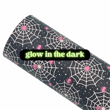 Load image into Gallery viewer, GLOW IN THE DARK PINK WEBS - Custom Printed Glow Faux Leather

