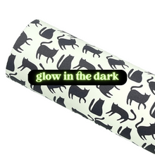 Load image into Gallery viewer, GLOW IN THE DARK MYSTERIOUS BLACK CATS - Custom Printed Glow Faux Leather
