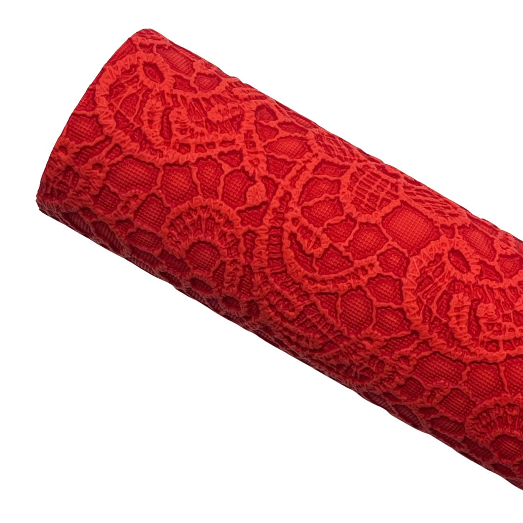 BRIGHT RED FLORAL LACE - Textured Faux Leather