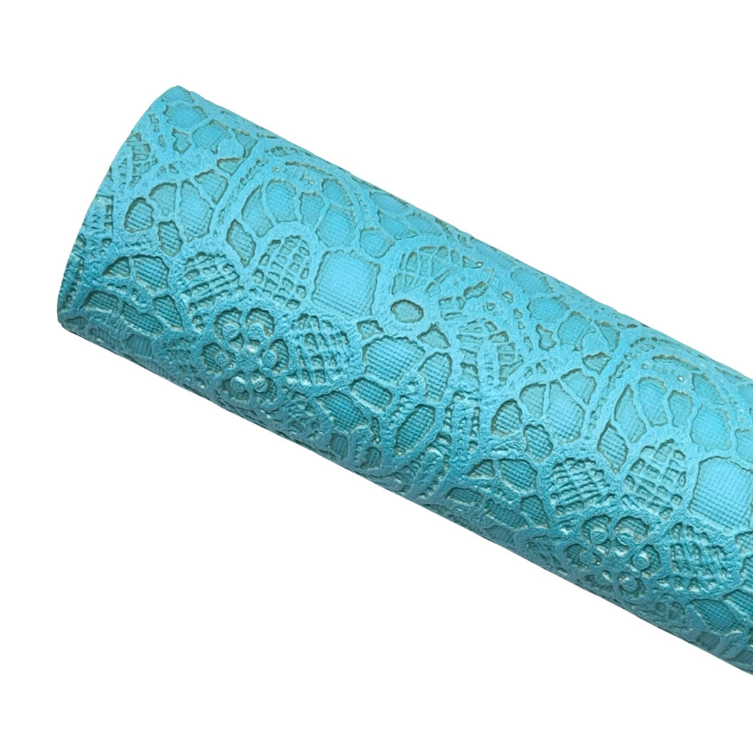 BRIGHT BLUE FLORAL LACE - Textured Faux Leather