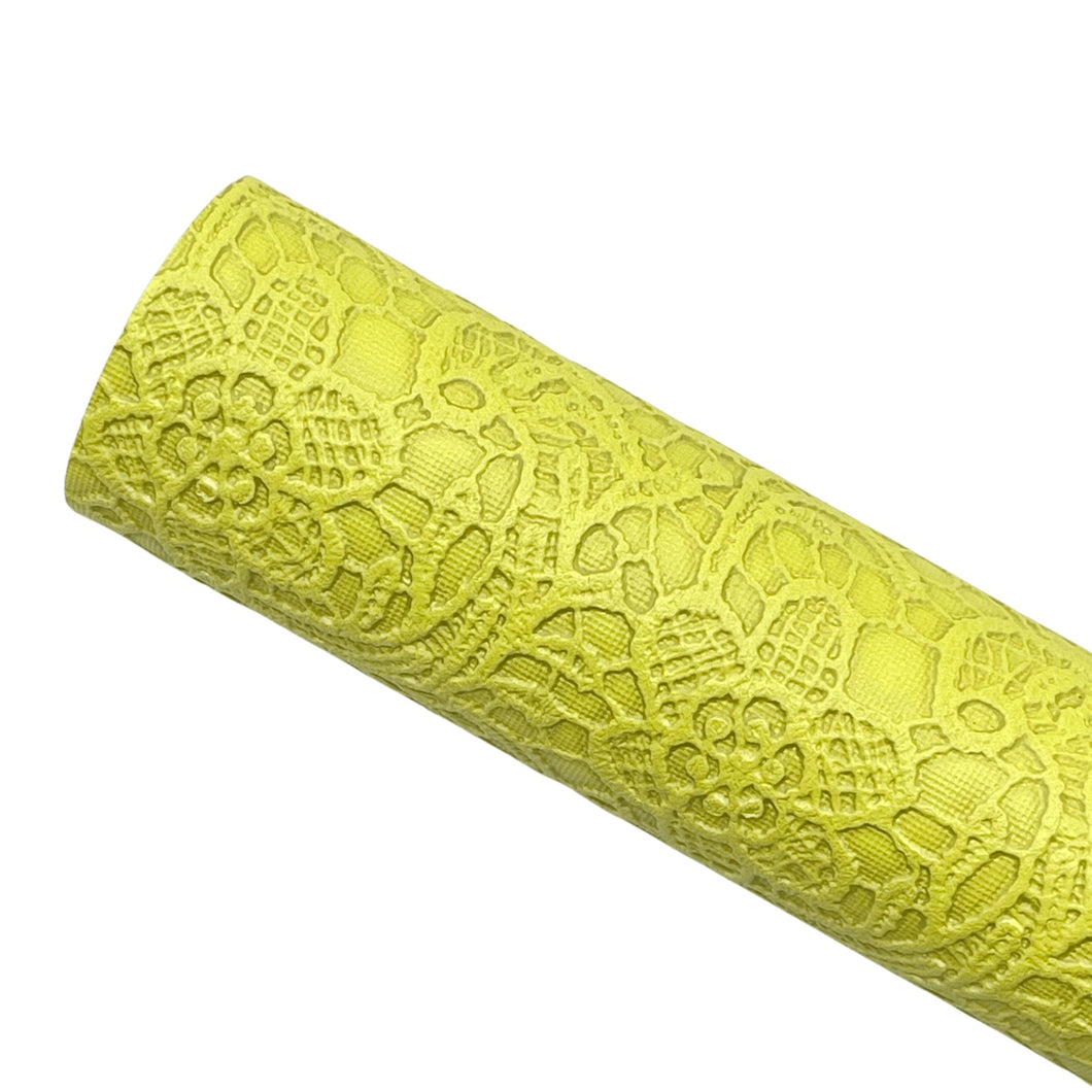 BRIGHT YELLOW FLORAL LACE - Textured Faux Leather