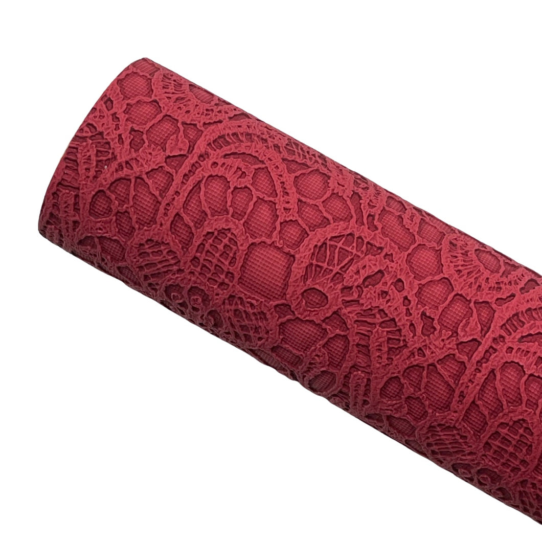 DEEP RED FLORAL LACE - Textured Faux Leather
